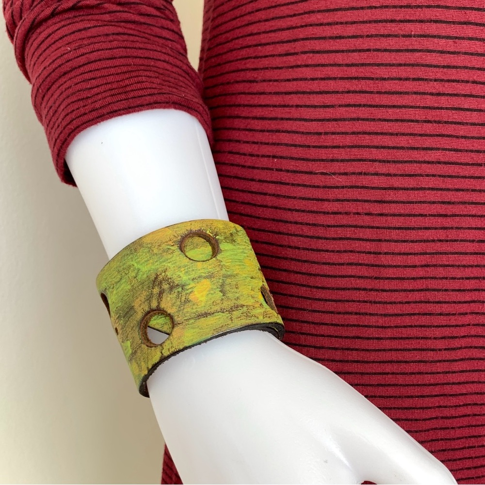 Handmade adjustable bright green painted leather cuff bracelet